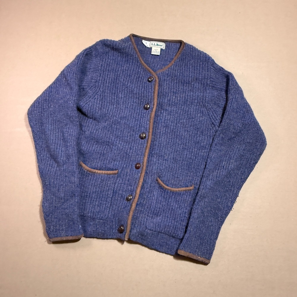 80s LL Bean Shetland Wool Cardigan S Blue Excellent Leather Trim G679